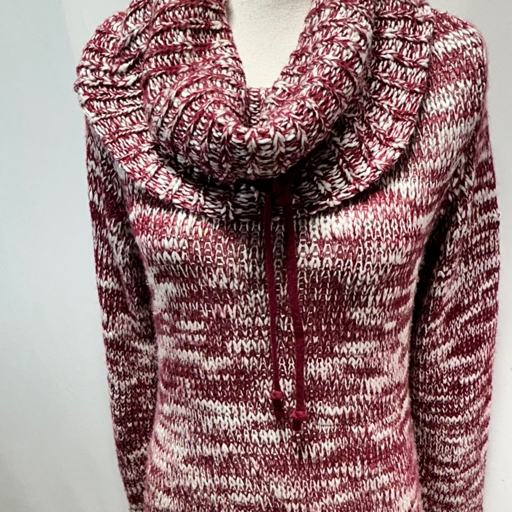 Womens Marled Burgundy White Cowl Neck Tunic Sweater Drawstring - Picture 4 of 9